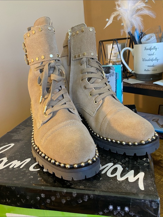 Sam Edelman Shoes - Sam Edelman Tan Suede Stud-Trim Lace-Up Combat Boots